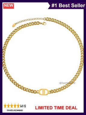 18K Gold Plated Initial Necklace Choker Double D Cuban Link 316L Stainless Steel